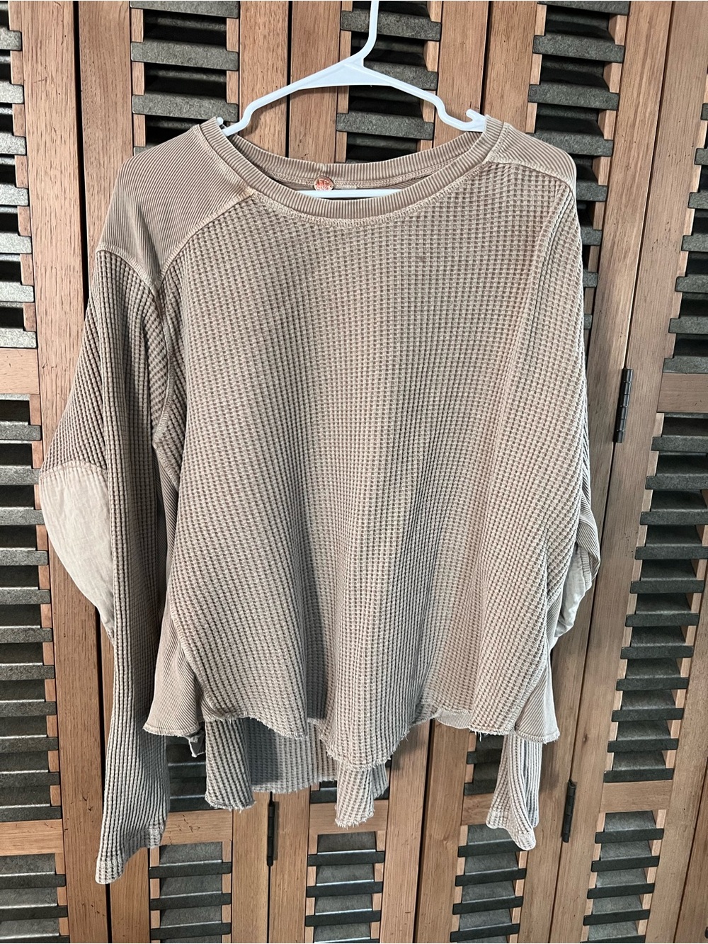 Free People Taupe Waffle-Knit Long Sleeve Tee